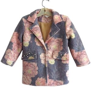 Trish Scully Girl's Grey Pink Floral Coat  Embellished Pockets Size 3